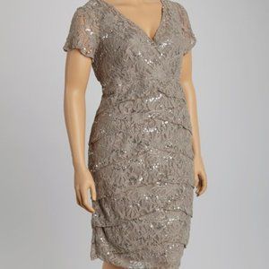 Taupe Sequin Lace Surplice Dress - Plus